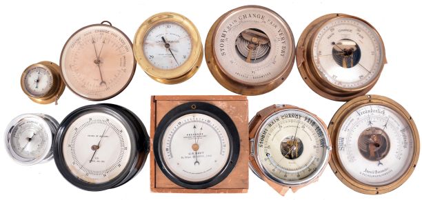 Barometers- 10 (Ten) Barometers: French, German, and American made aneroid barometers, some with thermometers by makers such as Selsi, M. Low, Fee & Stemwedel, G. Hechelmann, Kenyon, Abercrombie & Fitch, and Admiralty.