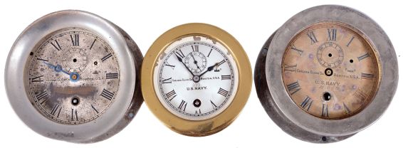 Clocks- 4 (Four) Chelsea Deck Clocks: Chelsea Clock Co., Boston, for U.S. Navy and U.S. Light House Service, deck clocks, 8 day, time only, spring-driven balance wheel movements in brass and nickel plated cases with screw-on bezels, 4.5 and 3.5 inch silvered dials.