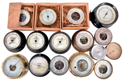 Barometers- 16 (Sixteen) Barometers: French, German, and American-made aneroid barometers, many for the U.S. Navy and one for the U.S. Lighthouse Establishment by makers such as Taylor, Selsi, Fulton, Friez, M. Low, and Schatz.
