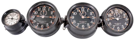 Clocks- 4 (Four) Seth Thomas Boat and Deck: Seth Thomas Clock Co., Thomaston, Conn., for U.S. Navy, three "Mark I- Deck Clocks" and one "Mark I- Boat Clock", 8 day, time only, spring-driven balance wheel movments in black phenolic cases with hinged bezels, three 6 inch and one 4 inch dial, all with subsidiary seconds, dating from 1941 to 1944.