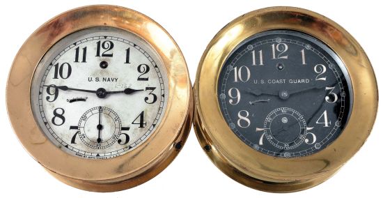 Clocks- 2 (Two) Seth Thomas Clocks for U.S. Military: Seth Thomas Clock Co., Thomaston, Conn., for U.S. Navy and U.S. Coast Guard, deck clocks, 8 day, time only, spring-driven balance wheel movments in heavy brass cases with screw-on bezels, 6 inch black and silvered dials with subsidiary seconds.