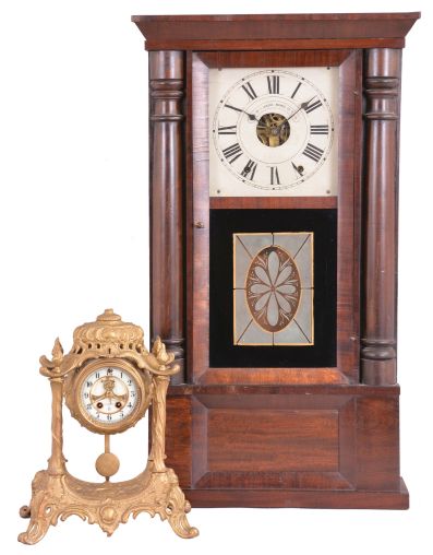 Clocks- 2 (Two): (1) Chauncey Jerome, New Haven, Conn., 8 day, time and strike, weight half column and cornice shelf clock, c1850 (2) William L. Gilbert Clock Co., Winsted, Conn., "Trinity", 8 day, time and strike, spring brass movement mantel clock, c1913