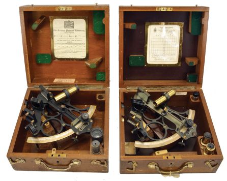 Sextants- 2 (Two) Heath & Co. Boxed Sextants: Heath & Co., London, 6.5 inch radius sextants, metal frames with black finish, signed brass arcs with inset silvered scales reading 0-150, patented "Endless Tangent Screw" vernier adjustment, index magnifiers, sighting telescopes, sun shades, index and horizon glasses, with wood handles, all in finger-jointed wood boxes with labels under the lid dated 1941 and 1963.