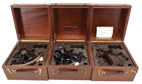 5 (Five) Wood Cases with Sextant Part: Wooden cases for U.S. Navy Mark III type sextants, four incomplete sextants included in cases.