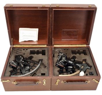 5 (Five) Wood Cases with Sextant Part: Wooden cases for U.S. Navy Mark III type sextants, four incomplete sextants included in cases.