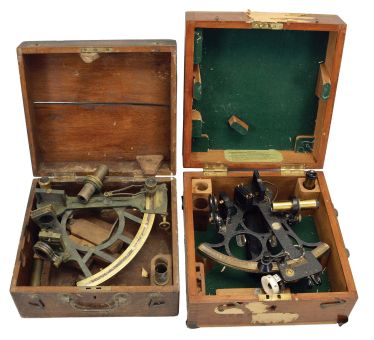 Sextants- 2 (Two) Boxed Marine Sextants: 7 inch radius sextant by Wilfred O. White Nautical Instruments, Boston and 6 inch radius sextant by H. Hughes & Son Ltd., London, both in fitted wood cases with accessories.