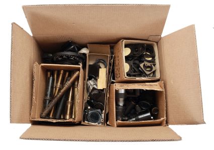 3 (Three) Boxes of Instrument Parts: lot includes sextant sun shades and mirrors, pelorus and compass dials, gyrocompass parts, many sextant telescopes, reflecting prisms for telescopic alidades, micrometer drums for sextants, barometer tubs and dials, and more.