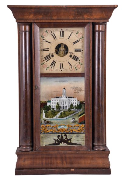 Birge & Fuller, Bristol, Conn., 8 day, time and strike, weight strap brass movement half column and cornice top shelf clock, c1845.