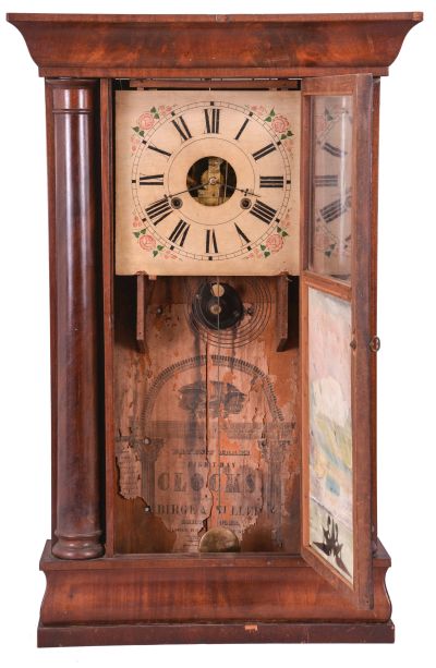 Birge & Fuller, Bristol, Conn., 8 day, time and strike, weight strap brass movement half column and cornice top shelf clock, c1845.