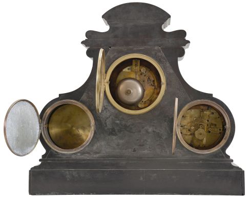 France, monumental mantel clock, 8 day, time and strike, spring driven movement with triple calendar, moon phases and barometer in a black slate case with green malachite insets and incised gold highlights. All dials are white enamel and the clock has exposed Brocot escapement on center dial.