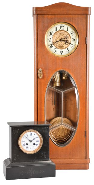 Clocks- 2 (Two): (1) Germany, Gustav Becker, 8 day, time and strike, weight brass movement vienna regulator clock c1910 (2) French, 8 day, time and strike, spring brass movement black slate mantel clock retailed by "Tilden Thurber & Co., Providence ".