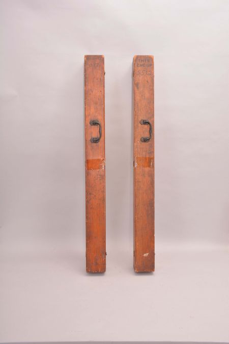 Barometers- 2 (Two) Henry J. Green, Brooklyn, New York, stick barometers, in black metal cases with brass hardware, silvered scales reading 26 to 33 with small vernier scale, thermometers on the outside of instruments, all in fitted finger-jointed wood cases with gimbaled mounts.