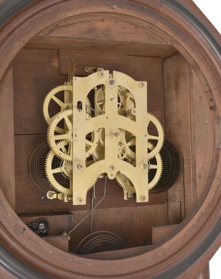 Ansonia Clock Co., New York, "Regulator A" wall clock, 8 day, time and strike, spring driven movement in a walnut case with paper dial with subsidiary seconds and blued steel hands.