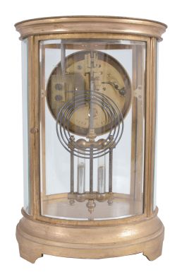 Charles Hour, Paris, for Bigelow, Kennard, & Co., Boston, crystal regulator, 8 day, time and strike, spring driven pendule de Paris movement with Brocot escapement and compensating pendulum in an oval form glazed gilt brass case with cream colored enamel dial with arabic numerals and blued steel hands.