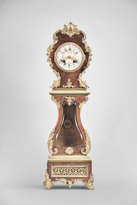 Vincenti & Cie, Paris, France for A. Fiocati, Berlin, Germany, miniature tall clock, 8 day, time and strike, spring driven diminutive pendule de Paris movement in a lyre-form case with tortoise shell veneer and applied ormolu mounts, cream colored enamel dial with Roman and Arabic numerals, and gilt Louis XV style hands. 