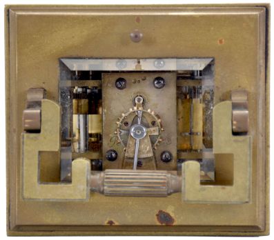 France, carriage clock, 8 day, time and strike with alarm and hour repeat, spring driven movement with lever platform escapement in an Anglaise case with stepped, molded base and cornice, the corners with Corinthian columns, and the top with carrying handle, Roman numeral white enamel dial, and blued steel distaff hands.