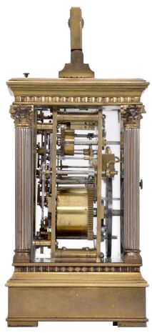 France, carriage clock, 8 day, time and strike with alarm and hour repeat, spring driven movement with lever platform escapement in an Anglaise case with stepped, molded base and cornice, the corners with Corinthian columns, and the top with carrying handle, Roman numeral white enamel dial, and blued steel distaff hands.