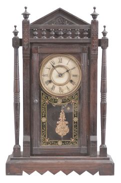 Clocks- 2 (Two): (1) Ansonia Clock Co., New York, "Triumph" mirror-side shelf clock, 8 day, time and strike, spring driven movement in a walnut case with modern shelf matching the clock