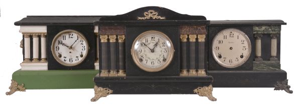 Clocks- 7 (Seven) Mantel: 8 day, time and strike, spring driven black painted wood mantel clocks by makers such as Sessions, Ingraham, and Waterbury. Also included is a French mantel clock with mahogany case, white enamel dial, and Japy Frères movement.