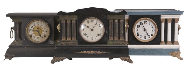 Clocks- 7 (Seven) Mantel: 8 day, time and strike, spring driven black painted wood mantel clocks by makers such as Sessions, Ingraham, and Waterbury. Also included is a French mantel clock with mahogany case, white enamel dial, and Japy Frères movement.