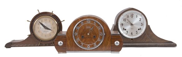 Clocks- 9 (Nine): Assorted spring-driven and electric mantel clocks by makers including Seth Thomas, Gilbert, and Junghans.