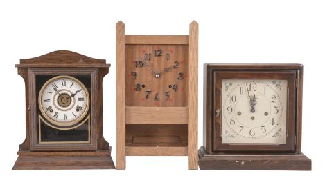 Clocks- 9 (Nine): Assorted spring-driven and electric mantel clocks by makers including Seth Thomas, Gilbert, and Junghans.