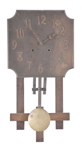 Clocks- 5 (Five): Lot includes two Mission style time and strike wall clocks, a New Haven "Whitney" banjo clock that has been converted to quartz, a full-size modern banjo case, and a E.N. Welch "Drop Octagon No. 2" bevel-front timepiece.