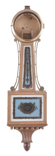 Clocks- 5 (Five): Lot includes two Mission style time and strike wall clocks, a New Haven "Whitney" banjo clock that has been converted to quartz, a full-size modern banjo case, and a E.N. Welch "Drop Octagon No. 2" bevel-front timepiece.