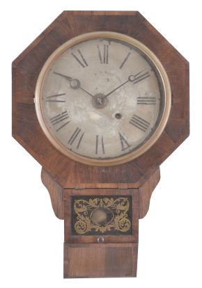 Clocks- 5 (Five): Lot includes two Mission style time and strike wall clocks, a New Haven "Whitney" banjo clock that has been converted to quartz, a full-size modern banjo case, and a E.N. Welch "Drop Octagon No. 2" bevel-front timepiece.