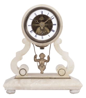 France, probably Eugene Farcot, Paris, swinging doll clock, 8 day, time only, spring driven movement employing the chaff-cutter escapement with two escape wheels in an alabaster case with white enamel chapter ring and putto figure pendulum swinging front-to-back.