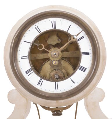 France, probably Eugene Farcot, Paris, swinging doll clock, 8 day, time only, spring driven movement employing the chaff-cutter escapement with two escape wheels in an alabaster case with white enamel chapter ring and putto figure pendulum swinging front-to-back.