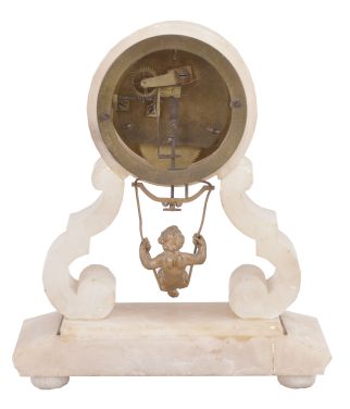 France, probably Eugene Farcot, Paris, swinging doll clock, 8 day, time only, spring driven movement employing the chaff-cutter escapement with two escape wheels in an alabaster case with white enamel chapter ring and putto figure pendulum swinging front-to-back.