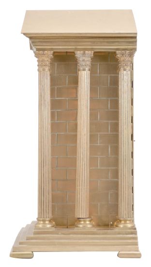 France, three piece mantel garniture set, 8 day, time and strike, spring driven pendule de Paris movement in a metal case of classic architectural form with stepped base, six full Corinthian columns flanking an ashlar facade with central arch, a painted ceramic panel within displaying a gilt chapter ring with Roman numerals, a scene of royals walking amidst an ancient city below the dial, all topped by a pediment with applied gilt ornament, two matching urns, both with painted ceramic panels.