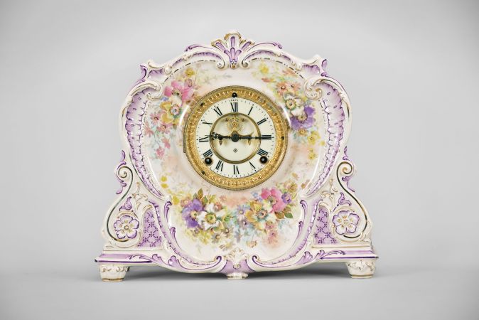 Ansonia Clock Co., New York, "La Marne", 8 day, time and strike spring brass visible escapement movement porcelain mantel clock.