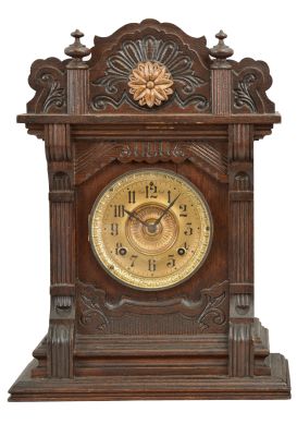 Ansonia Clock Co., New York, "Malta" mantel clock, 8 day, time and strike, spring driven movement in an oak case, c1901