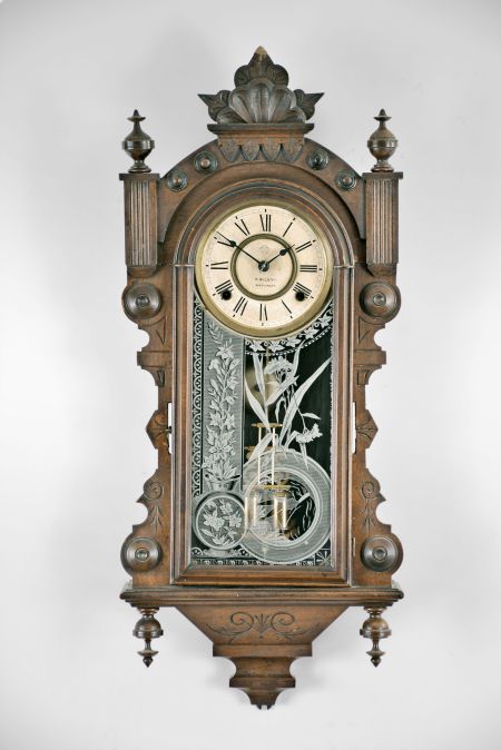 Ansonia Clock Co., New York, "Mississippi", 8 day, time and strike spring brass movement wall clock.