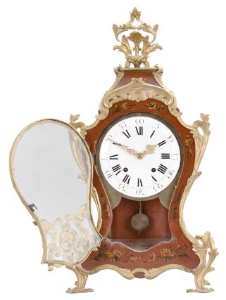 Pierre Le Doux, a Paris, a large, early 20th century reproduction of a Louis XV bracket clock, with 18th century movement, the red hardwood case and bracket with polychrome floral ornament, the bracket with landscape scene featuring a dog at the base of a tree and looking at a bird, and mounted with cast, chased brass naturalistic ornament, roman numeral concave/ convex white enamel dial, pierced and engraved gilt hands, signed brass movement with five baluster pillars and of at least two week duration, with recoil escapement, count wheel striking, and silk thread suspension