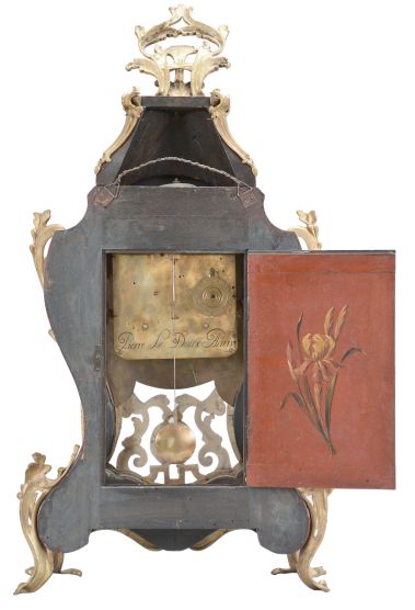 Pierre Le Doux, a Paris, a large, early 20th century reproduction of a Louis XV bracket clock, with 18th century movement, the red hardwood case and bracket with polychrome floral ornament, the bracket with landscape scene featuring a dog at the base of a tree and looking at a bird, and mounted with cast, chased brass naturalistic ornament, roman numeral concave/ convex white enamel dial, pierced and engraved gilt hands, signed brass movement with five baluster pillars and of at least two week duration, with recoil escapement, count wheel striking, and silk thread suspension