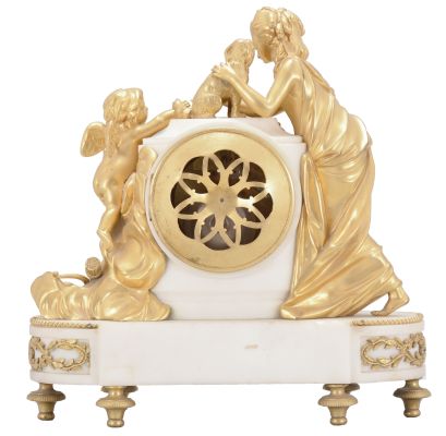 Samuel Marti, Paris, France, figural mantel clock, 8 day, time and strike, spring driven pendule de Paris movement in a white marble case on turned brass feet with applied gilt ornaments, supporting gilt figures of a woman, dog, and Cupid, white convex enamel dial with Arabic numerals and gilt fleur-de-lis hands.