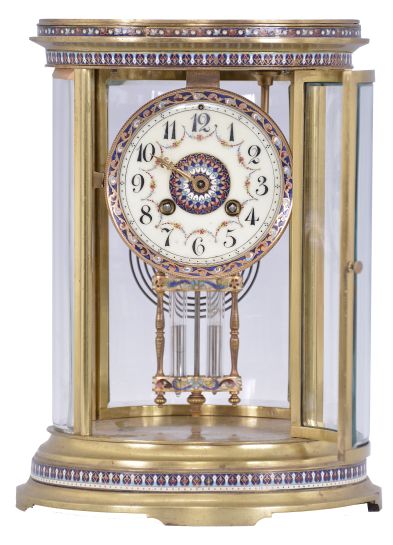 S. Marti & Cie, Paris, France, oval crystal regulator, 8 day, time and strike, spring driven pendule de Paris movement in a gilt brass case with four curved beveled glasses, cloisonné trim in bands around the case top and bottom, dial, and on the frame of the compensating pendulum, cream colored enamel dial with Arabic numerals, gilt hands, and double-vial pendulum.