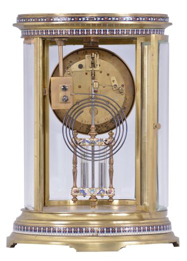 S. Marti & Cie, Paris, France, oval crystal regulator, 8 day, time and strike, spring driven pendule de Paris movement in a gilt brass case with four curved beveled glasses, cloisonné trim in bands around the case top and bottom, dial, and on the frame of the compensating pendulum, cream colored enamel dial with Arabic numerals, gilt hands, and double-vial pendulum.