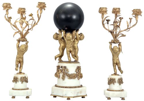 Japy Freres, Paris, France, three piece mantel garniture set, 8 day, time and strike, spring driven movement with platform escapement, the case with three putti supporting a sphere with applied roman numerals and arrow hands resting on a marble base with gilt cast appliques and two matching side pieces with putti holding aloft the candleabra