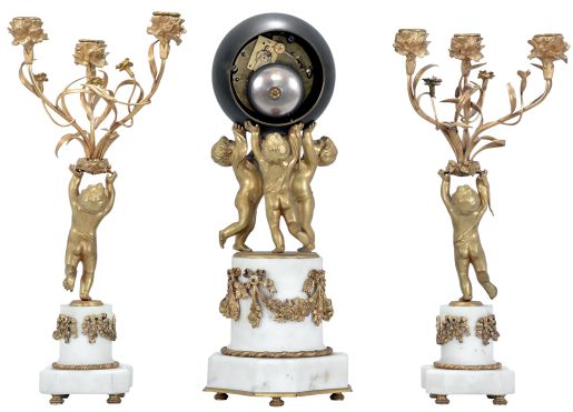 Japy Freres, Paris, France, three piece mantel garniture set, 8 day, time and strike, spring driven movement with platform escapement, the case with three putti supporting a sphere with applied roman numerals and arrow hands resting on a marble base with gilt cast appliques and two matching side pieces with putti holding aloft the candleabra