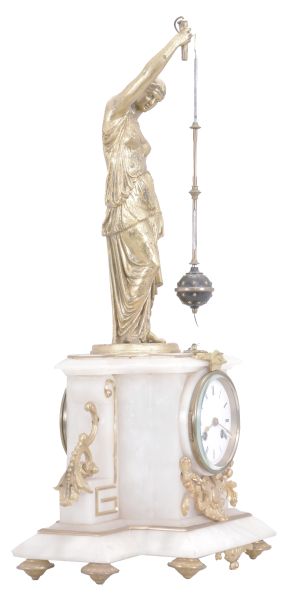 Japy Fils, Paris, France, figural mystery clock, 8 day, time and strike, spring driven movement with conical pendulum in a white alabaster case on cast feet with applied gilt ornaments, surmounted by a gilt female figure holding the pendulum aloft, Roman numeral white enamel dial, and gilt spade hands.