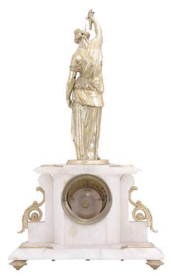 Japy Fils, Paris, France, figural mystery clock, 8 day, time and strike, spring driven movement with conical pendulum in a white alabaster case on cast feet with applied gilt ornaments, surmounted by a gilt female figure holding the pendulum aloft, Roman numeral white enamel dial, and gilt spade hands.