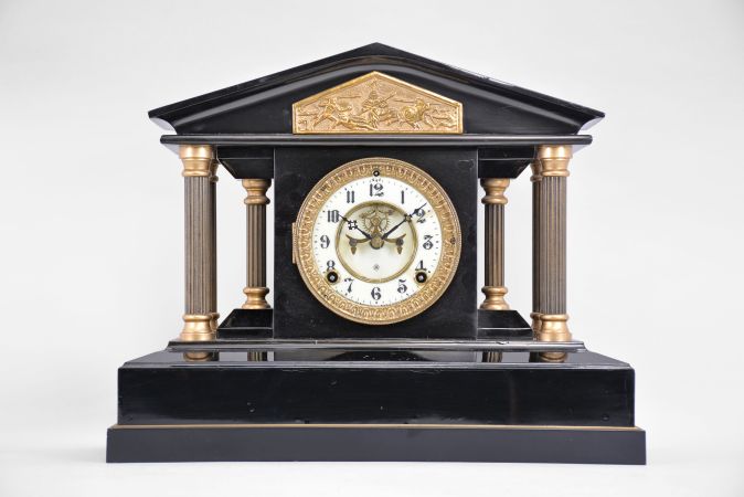 Ansonia Clock Co., New York, "Loire", 8 day, time and strike spring brass movement enameled iron case mantel clock.