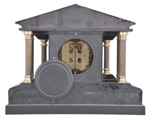 Ansonia Clock Co., New York, "Loire", 8 day, time and strike spring brass movement enameled iron case mantel clock.