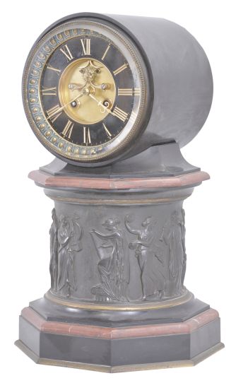 E. Maurice & Co., Paris, France, for Shreve, Crump & Low, Boston, mantel clock, 8 day, time and strike, spring driven pendule de Paris movement with visible Brocot escapement on an molded octagonal base with gilt brass and red marble ovolo molding supporting a central column with the Greek muses cast with relief from patinated metal, supporting a molded octagonal capital upon which rests a drum head of black slate holding the movement, bezel, and polished black slate dial with incised Roman numerals and gilt hands.