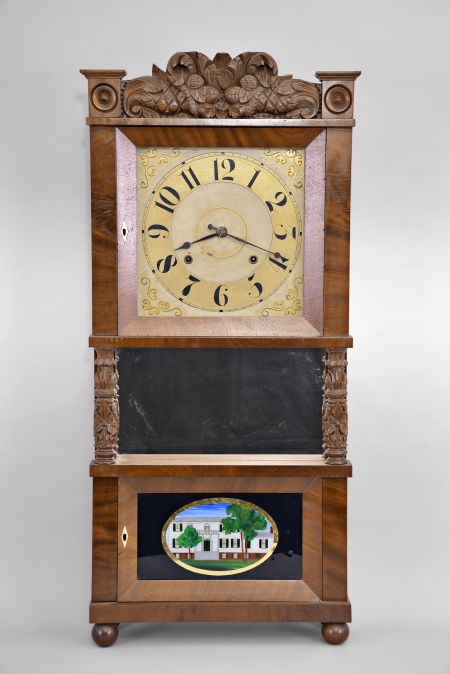 C. & L.C. Ives, Bristol, Conn., 8 day, time and strike weight strap brass movement triple decker shelf clock with carved splat and center columns.