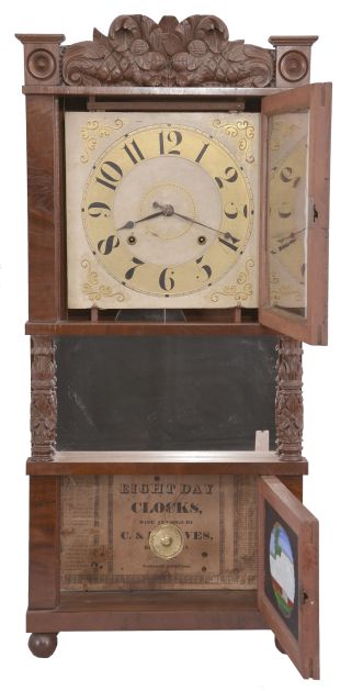 C. & L.C. Ives, Bristol, Conn., 8 day, time and strike weight strap brass movement triple decker shelf clock with carved splat and center columns.